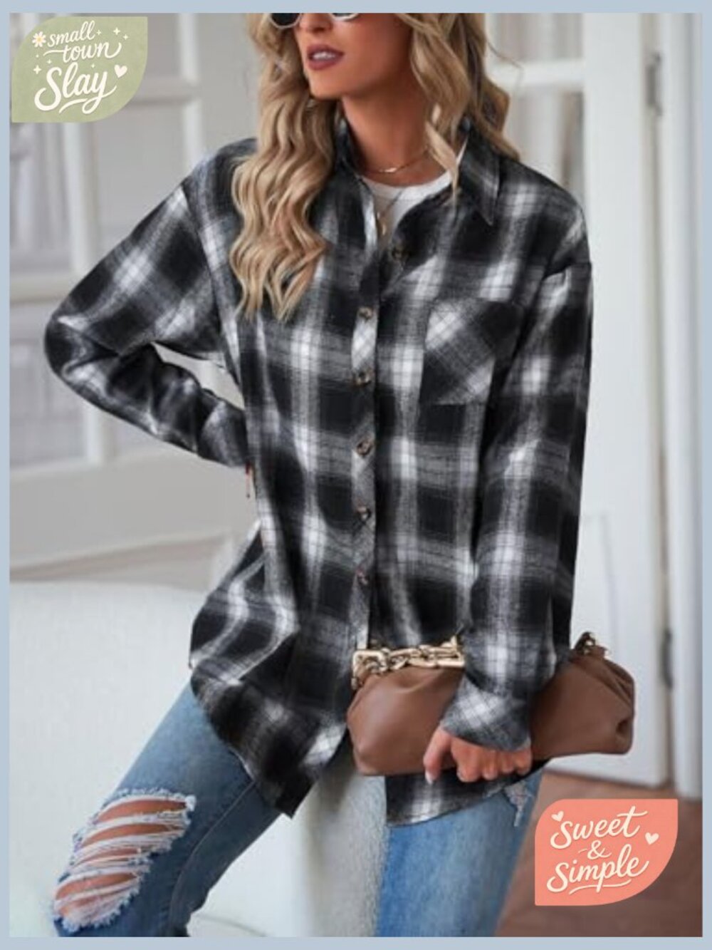 Oversized Button Down Flannel Shacket Long Sleeve Plaid Blouse - Picture 3 of 7